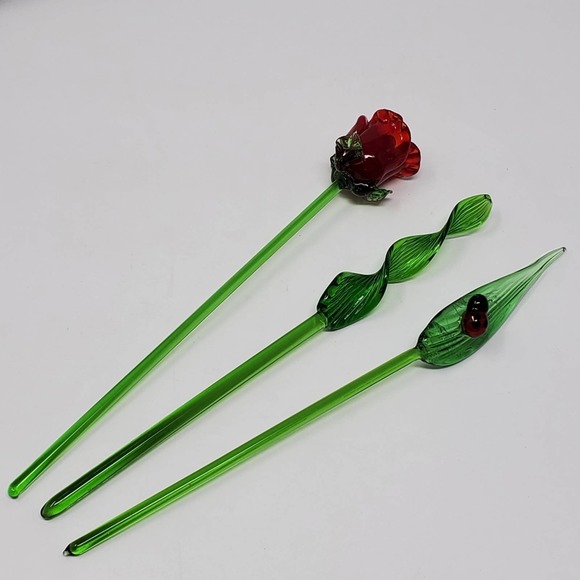 None Other - Glass hand blown rose and leave small green glass plant stakes 7" Each